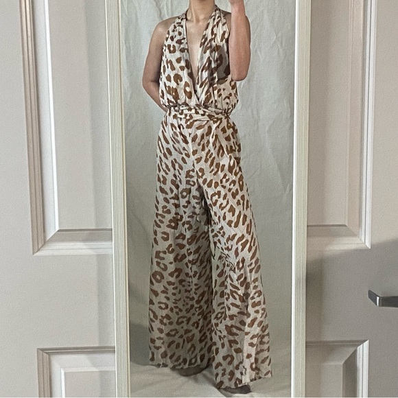“Ashton” Beige Animal Print Open-Back Halter Jumpsuit from Nanushka